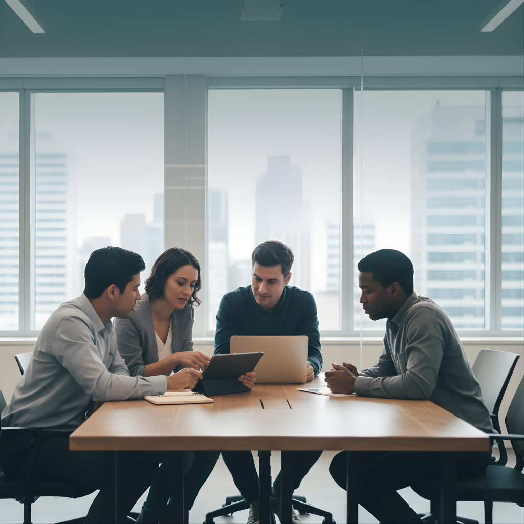 Team reviewing notes and ideas around a laptop